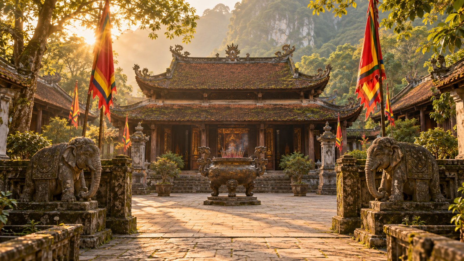 Sân đền cổ thờ Hai Bà Trưng với voi đá, cờ hội và lư hương đồng trong nắng sớm