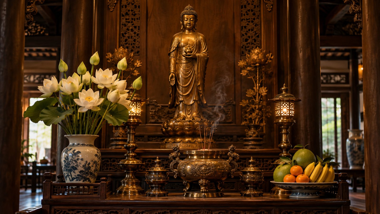 Tượng Phật A Di Đà bằng đồng đứng trên tòa sen, đặt trên ban thờ Phật tại gia bằng gỗ