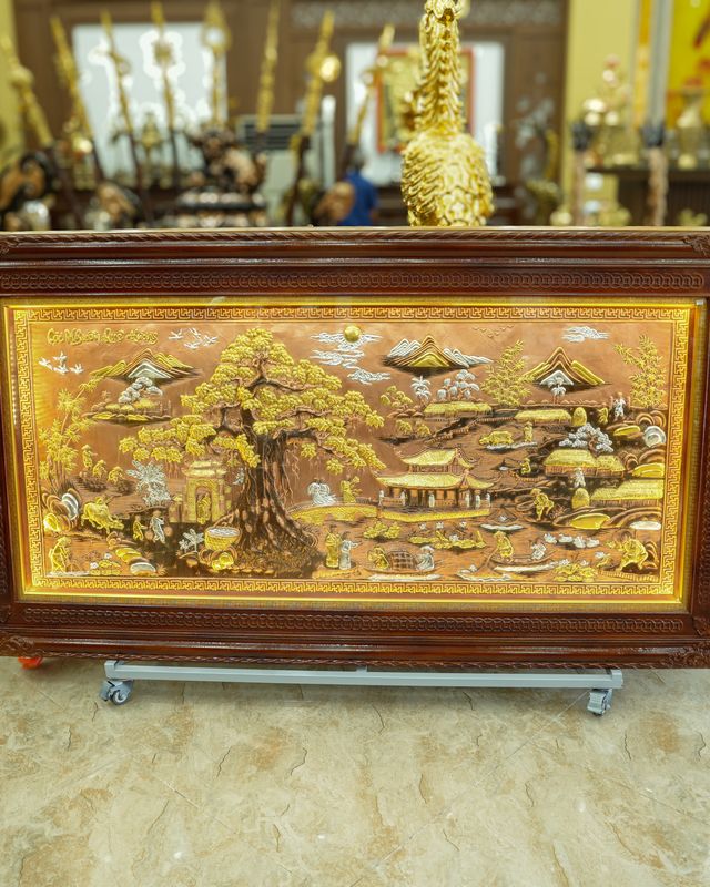 Tranh đồng đỏ Cội Nguồn Quê Hương khung gỗ lim