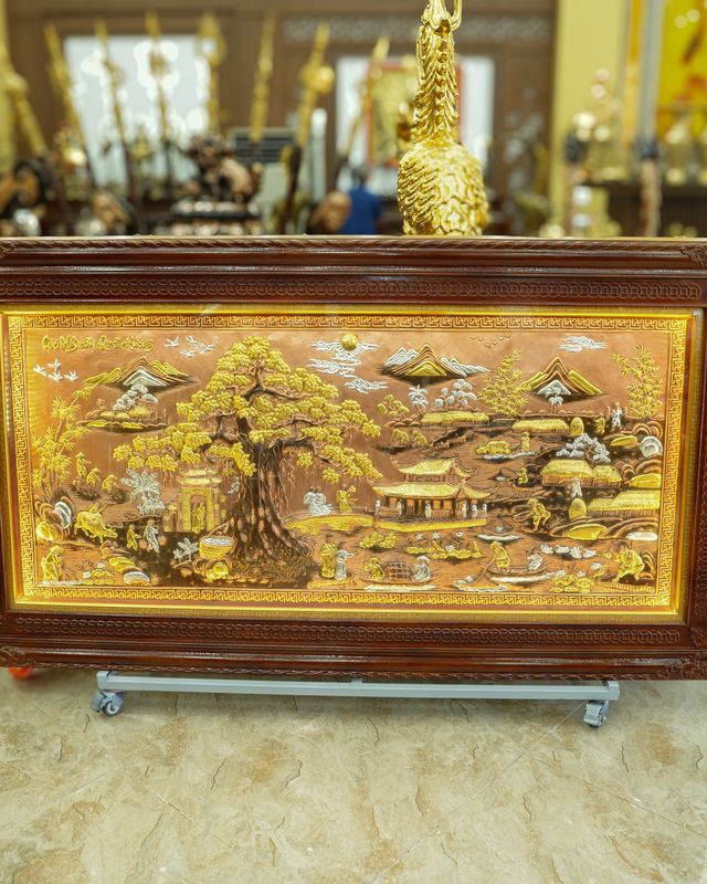 Tranh đồng đỏ Cội Nguồn Quê Hương khung gỗ lim