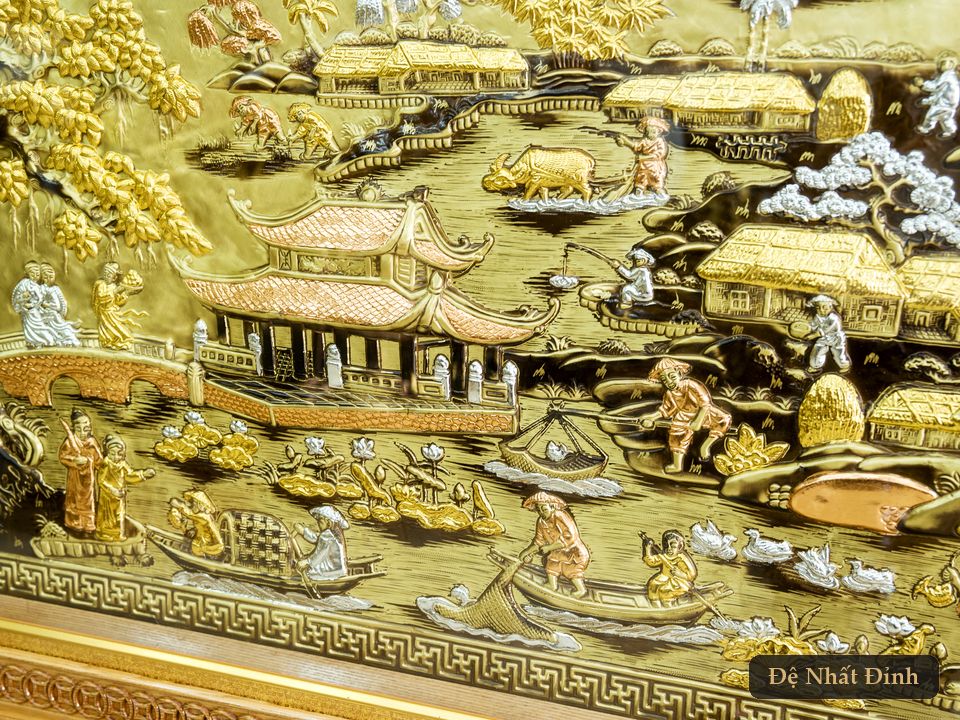 Tranh đồng Cội Nguồn Quê Hương khung gỗ lim