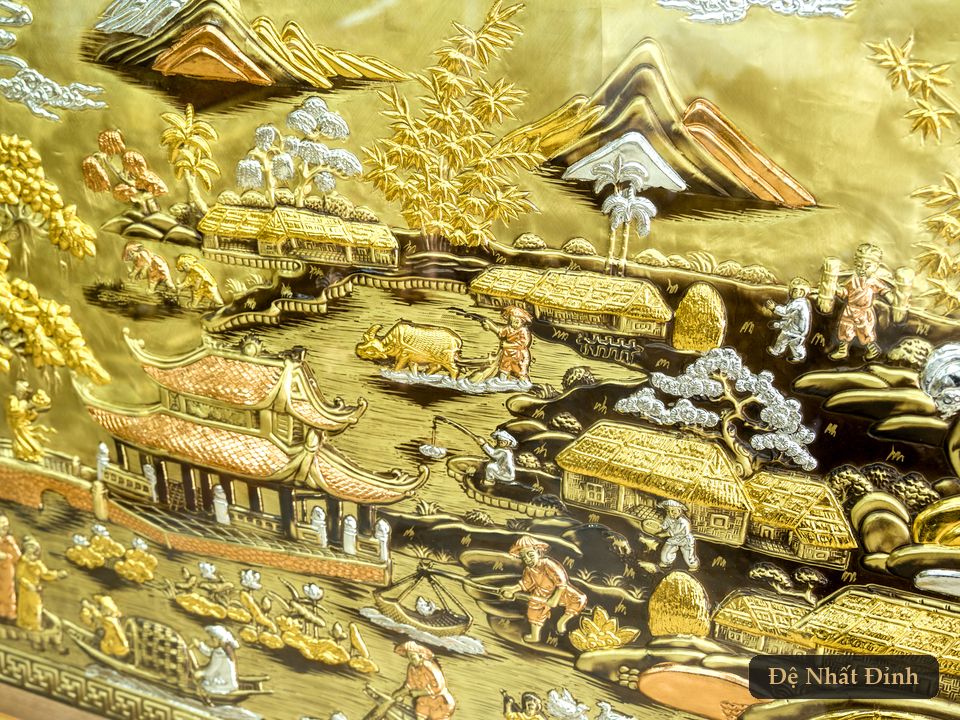 Tranh đồng Cội Nguồn Quê Hương khung gỗ lim